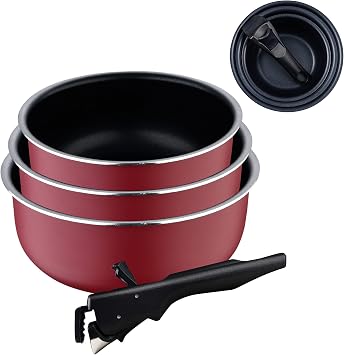 BERGNER Click&Cook Red Edition | Set of 3 Saucepans 16, 18 & 20cm + Removable Handle | Pressed Aluminium & Non-Stick | All Types of Cookers & Oven