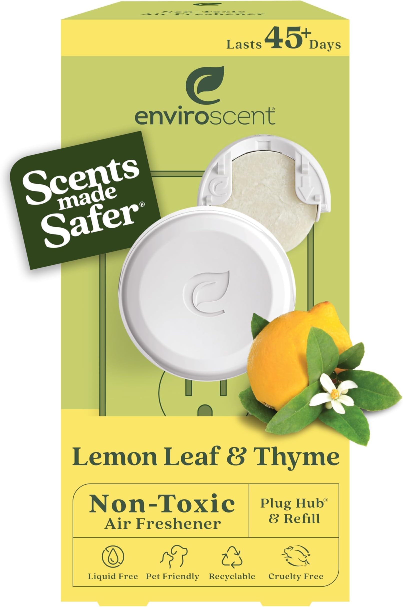 Enviroscent Non Toxic Air Freshener (Lemon Leaf & Thyme) Plug-in Home Fragrance Last 45+ Days | Kit includes 1 Refillable Plug In Warmer & 1 Scent Refill