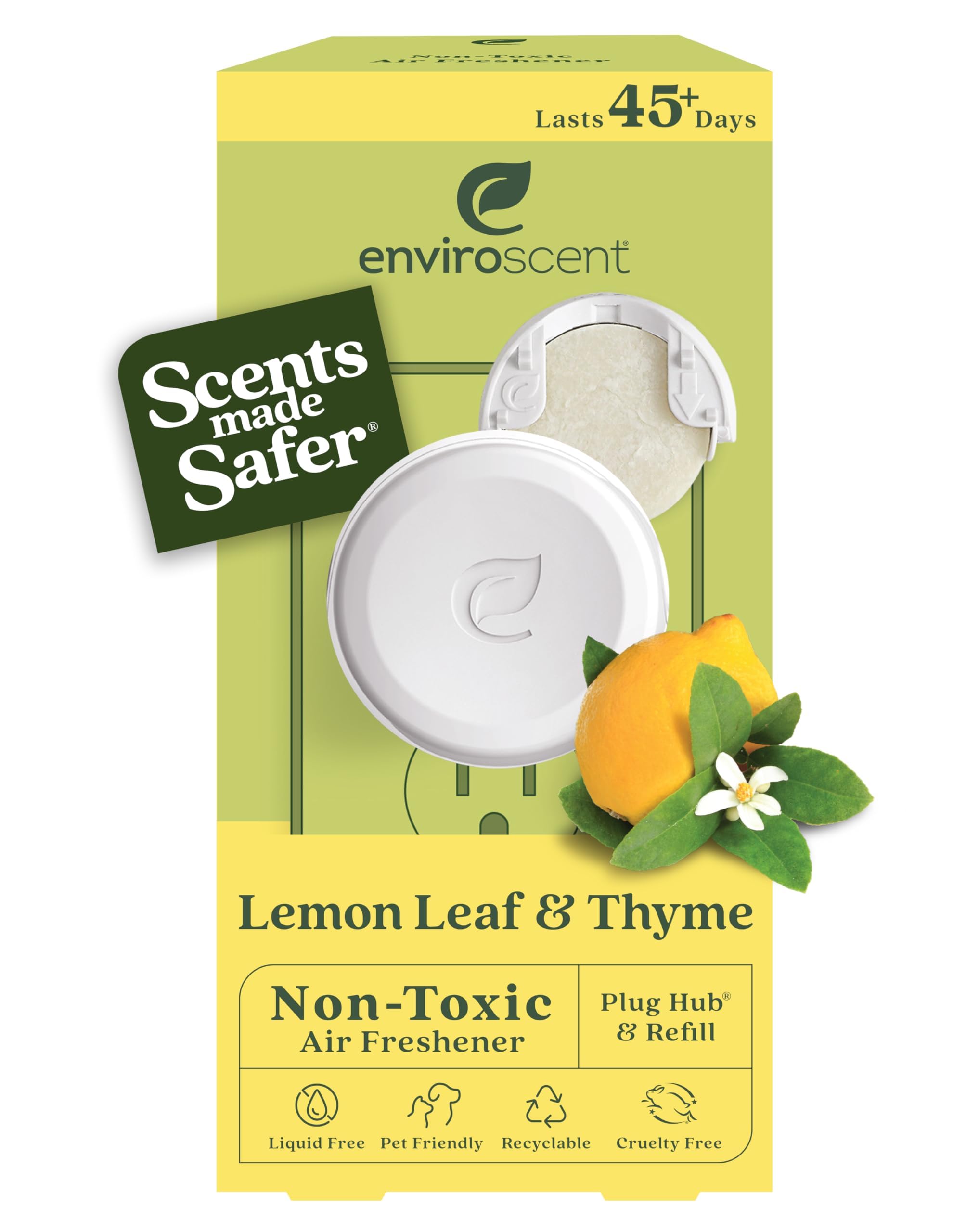 Enviroscent Non Toxic Air Freshener (Lemon Leaf & Thyme) Plug-in Home Fragrance Last 45+ Days | Kit includes 1 Refillable Plug In Warmer & 1 Scent Refill