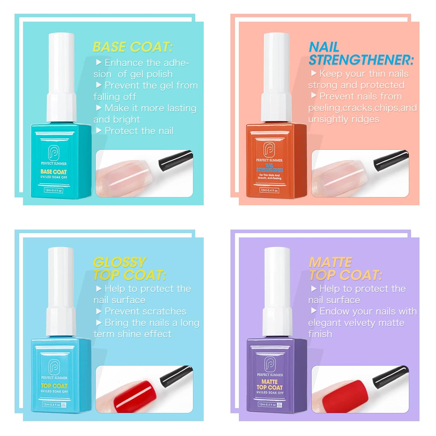 Perfect Summer Top Coat Base Coat Set- 4Pcs 12ML No Wipe High Glossy/Matte Top Coat & Base Coat and Nail Strengthen Gel for Nail Essential Long Lasting and Strong Nail : Beauty & Personal Care