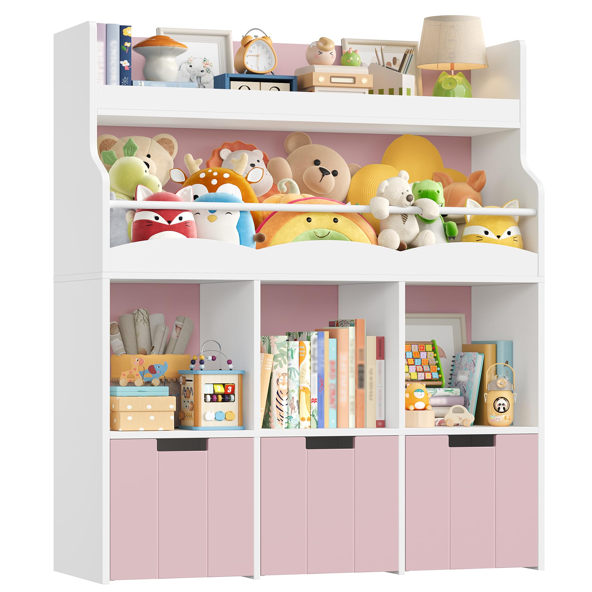 HOCSOK Kid‘s Toy Storage Unit, Children's Bookcase Kids Storage Unit with 3 Removable Boxes and Storage Shelves, Toy Box Organiser for Nursery, Kindergarten, Playroom, 110x100x30cm