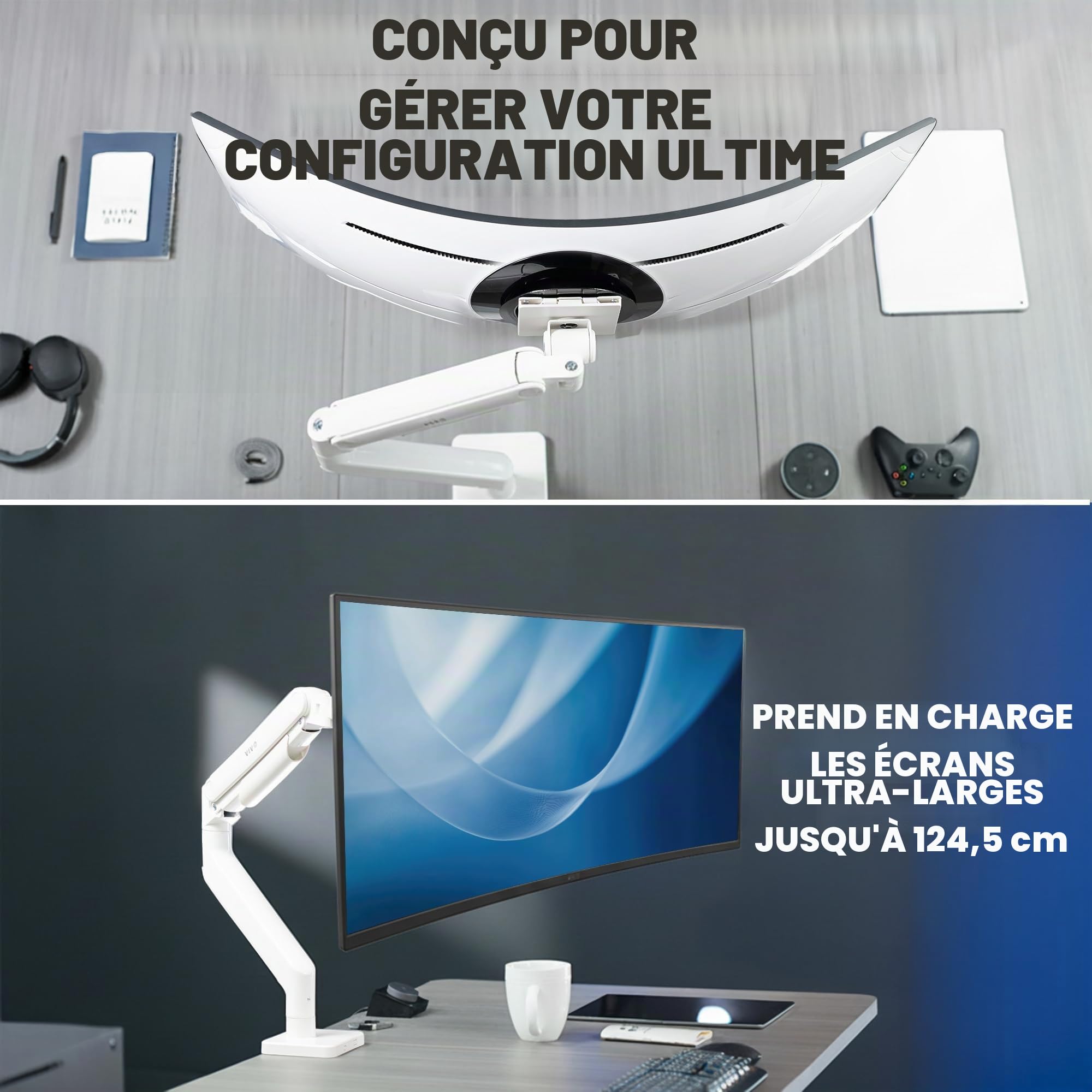 Vivo Support Écran PC Premium, Bras de Moniteur Articulé à Ressort Robuste pour Écrans jusqu'à 49 Pouces, Blanc, STAND-V101VW