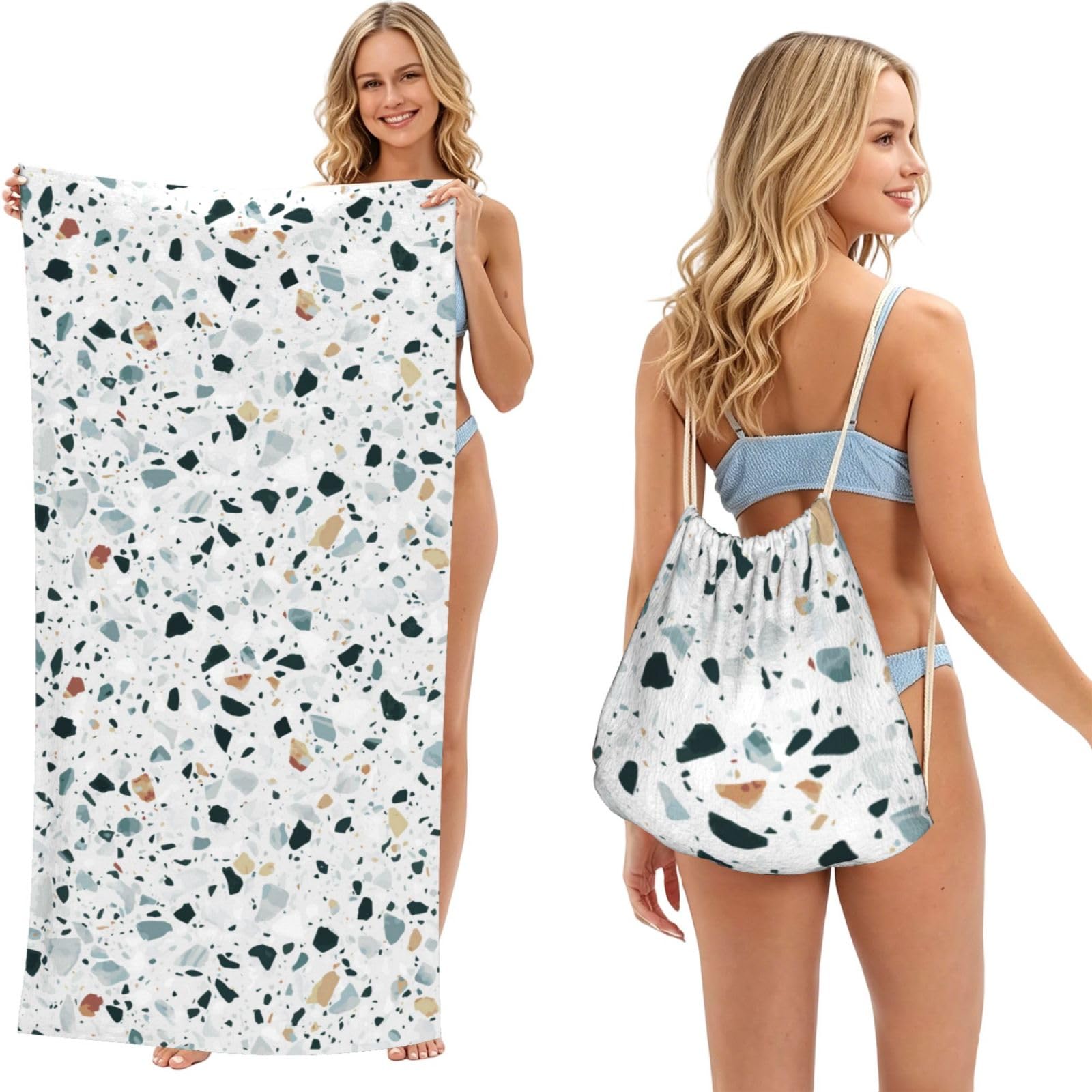 Poadnly As Picture Terrazzo Marble Pastel, 2 In 1 Packable Towel Bag, Beach Towels With Drawstring Backpack For Travel Holiday Camping