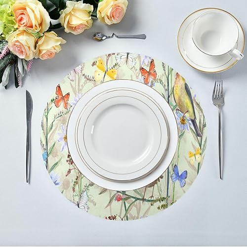 Miniatura 5 de Juego de 6 manteles individuales redondos para mesa de comedor, diseño de pájaros vintage, antideslizantes, lavables, resistentes al calor, para