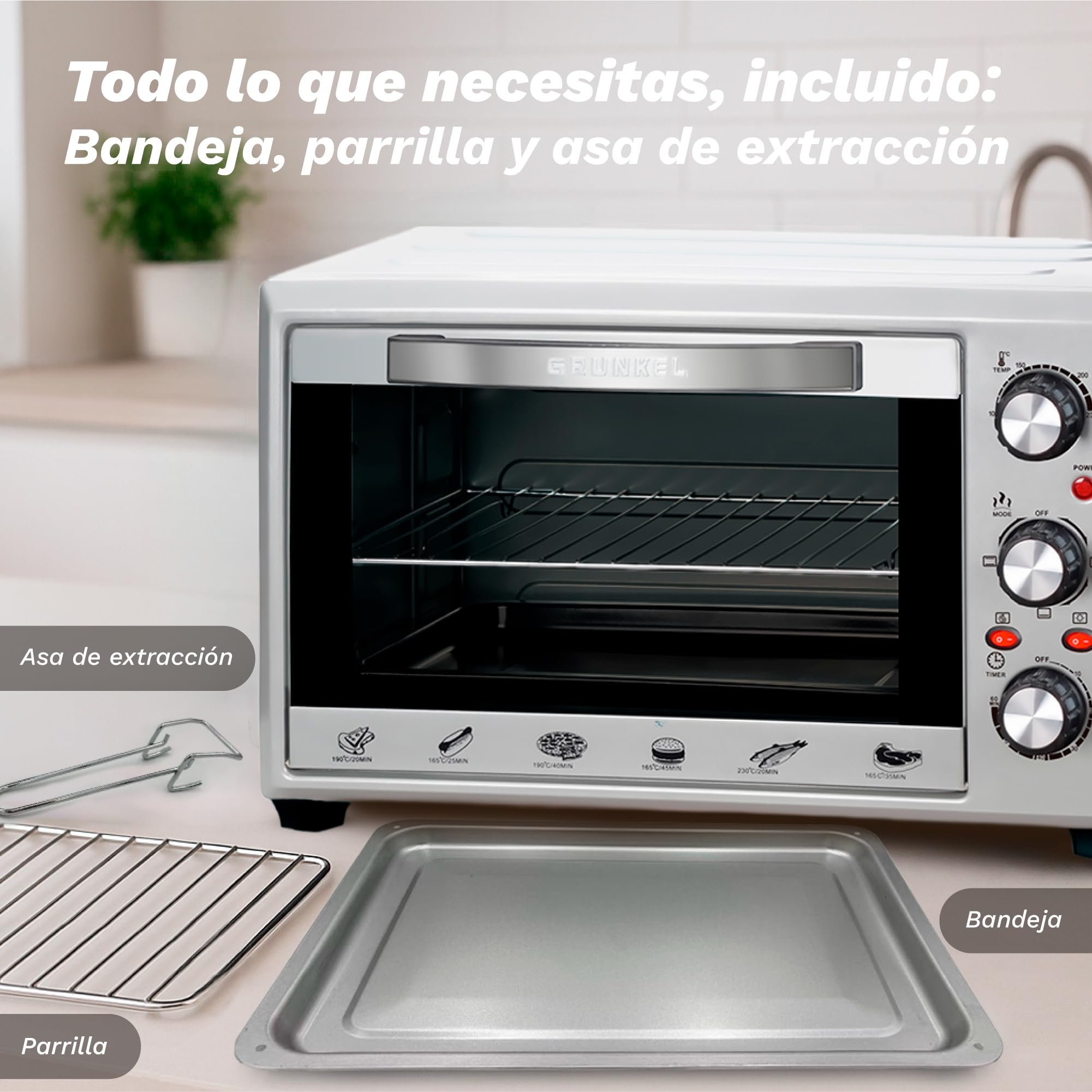 Grunkel Horno eléctrico multifunción de sobremesa de 28L con 3 funciones de calor y selector de temperatura hasta 230ºC. Temporizador hasta 60 min - 1600W