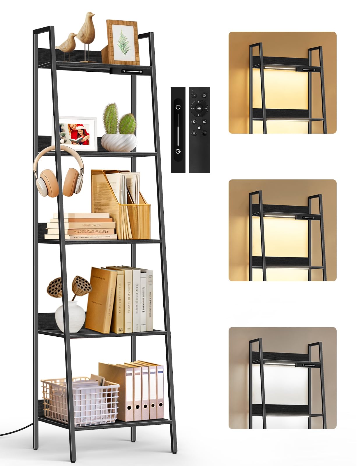 OUTONLIFE 5-Tier Small Ladder Shelf with LED Lights, Touch & Remote Control, 3 Color Temperatures, Dimmable Tall Corner Standing Bookcase, Metal Wood Display Shelf for Living Room, Bedroom(Black)