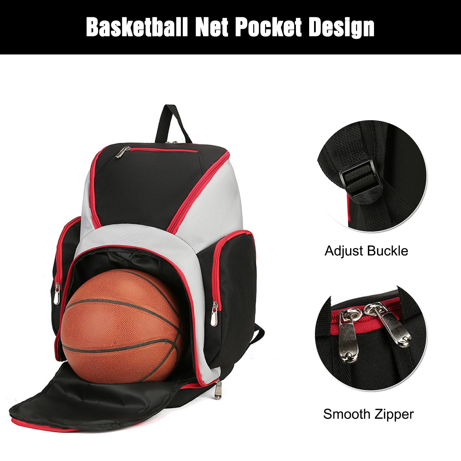 FANDARE Sac à Dos de Basket-Ball Grand Sac de Foot Sacs à Dos Cartables Sacs portés Dos Sac d'épaule pour Le Football, Volley-Ball,Voyager,Étudiant Daypacks Noir Rouge
