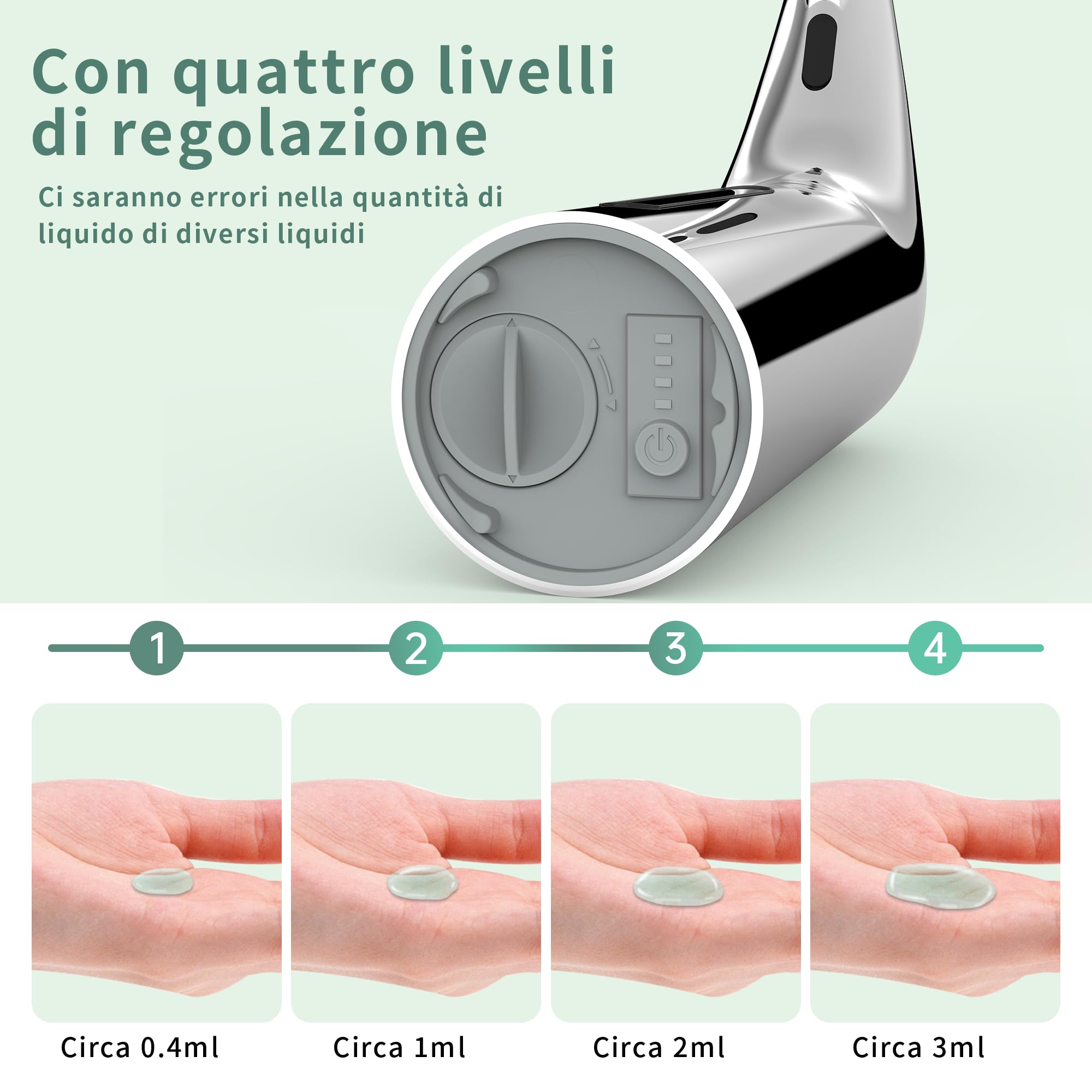 Dispenser Automatico Sapone Senza Contatto，Squisito 400ml Sensore Intelligente 4 Livelli Regolabile dispenser di sapone, Impermeabile IP65，alimentato a batteria，Adatto per Cucina, Bagno (Argento)