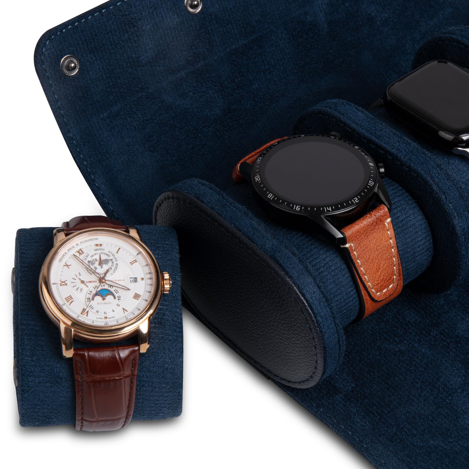 Boîte à montres cylindrique à 3 emplacements - Étui de voyage vintage pour hommes et femmes - Version améliorée bleue