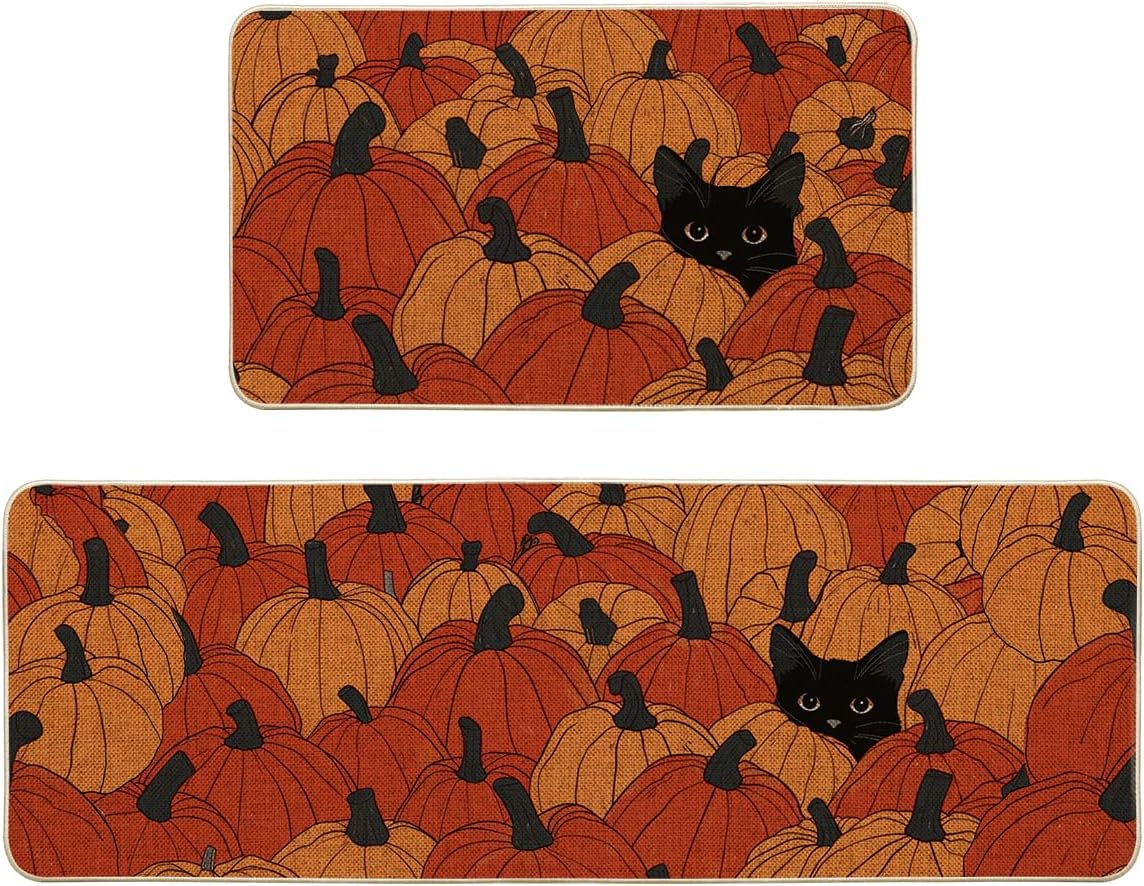 Artoid Mode Black Cat Pumpkin Fall Kitchen Mats Set of 2, Autumn Home Decor Low-Profile Kitchen Rugs for Floor - 17x29 and 17x47 Inch