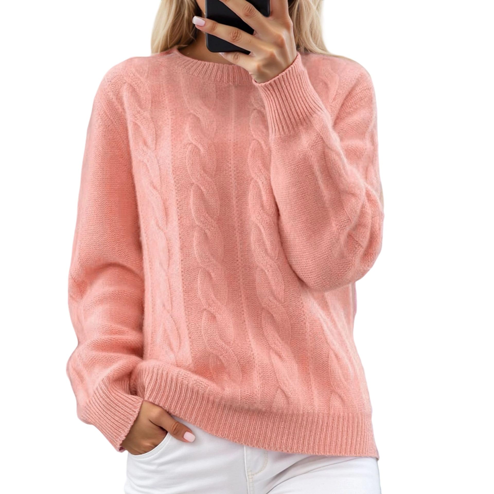 Womens Chunky Cable Knit Sweater White Loose Fit Casual Pullover Tops Long Sleeve Lightweight Fall Outfits Winter Clothes