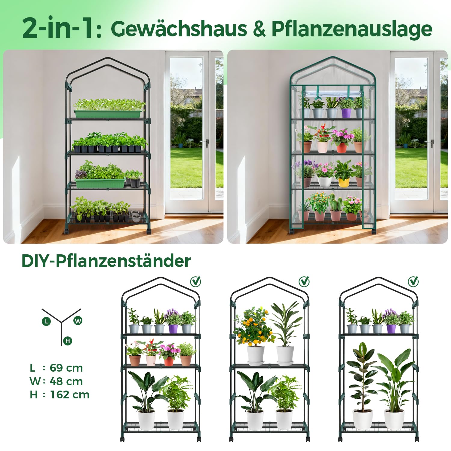 Ohuhu Gewächshaus klein Premium Foliengewächshaus mit Verriegelungsräder, Folien Treibhaus mit 4 Regalen Anzuchthaus Treibhaus Platzsparend Frühbeet für Balkon Garten 69x48x162 cm Transparent