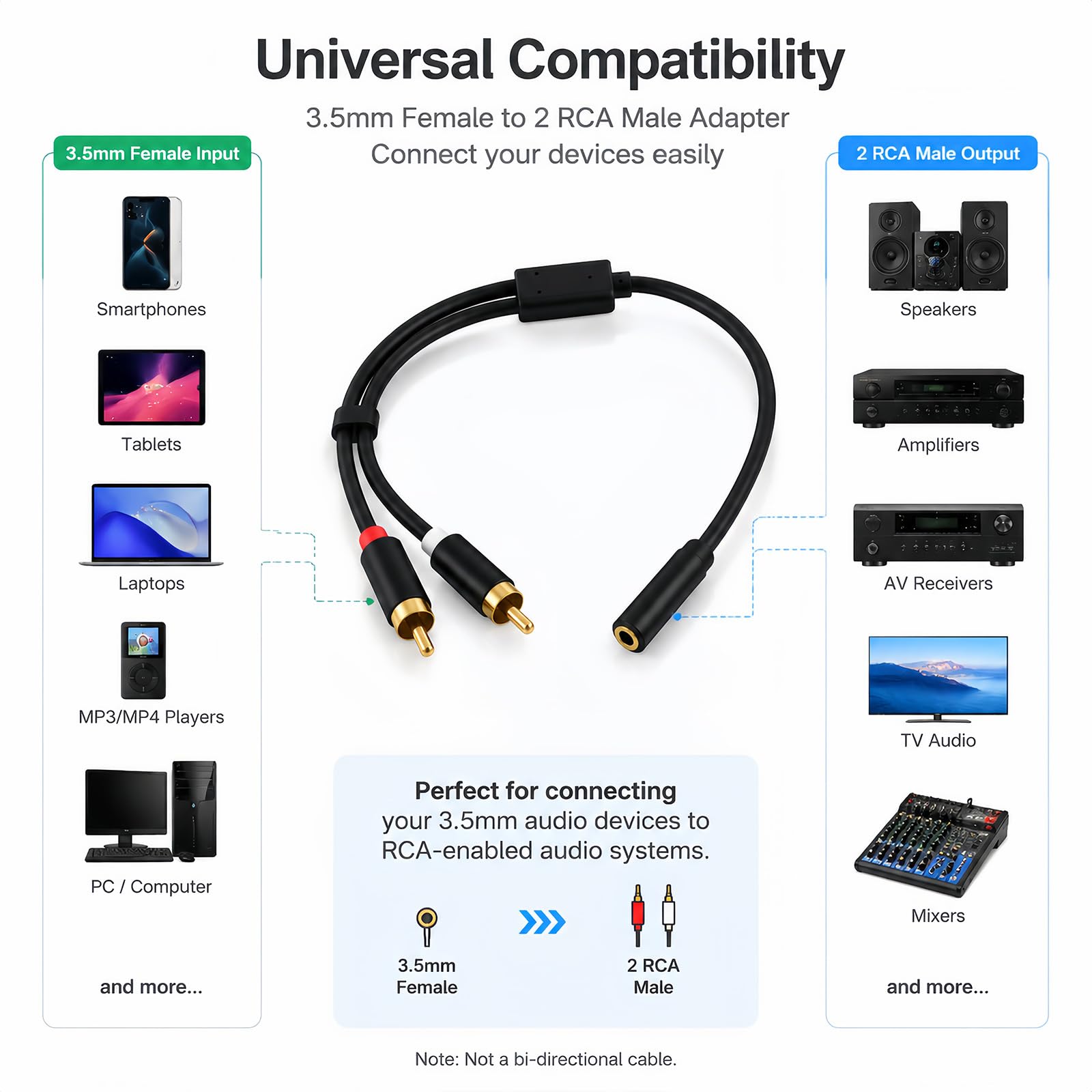 Audiokabel, 3,5-mm-Klinkenbuchse auf 2 Cinch-Stecker, 30 cm, Stereo, AUX auf Cinch-Stecker, vergoldete Anschlüsse, Audiokabel, kompatibel mit Smartphone, TV, PC, Tablet, Verstärker, Soundbar, Heimkino