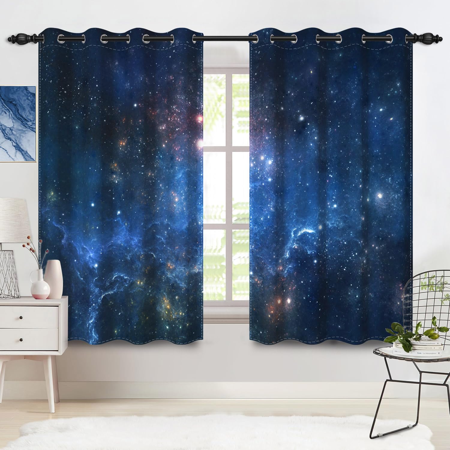 Sternenraumverdunkelnde Fenstervorhänge Schwarz Nachthimmel Sterne Verdunkelungsvorhänge Thermoisolierte Ösen Schlafzimmer Vorhänge für Wohnzimmer Schlafzimmer 2 Paneele 106,7 x 160 cm