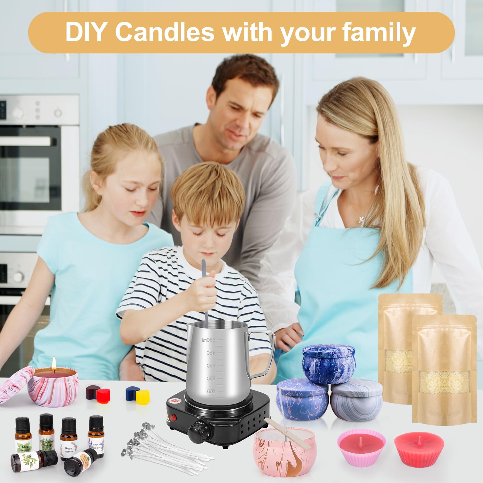 YUEONEWIN Kit per la creazione di candele per adulti, accessori per la produzione di candele, set di candele profumate fai da te con cera di soia, oli essenziali, stoppini, vasetto di fusione della