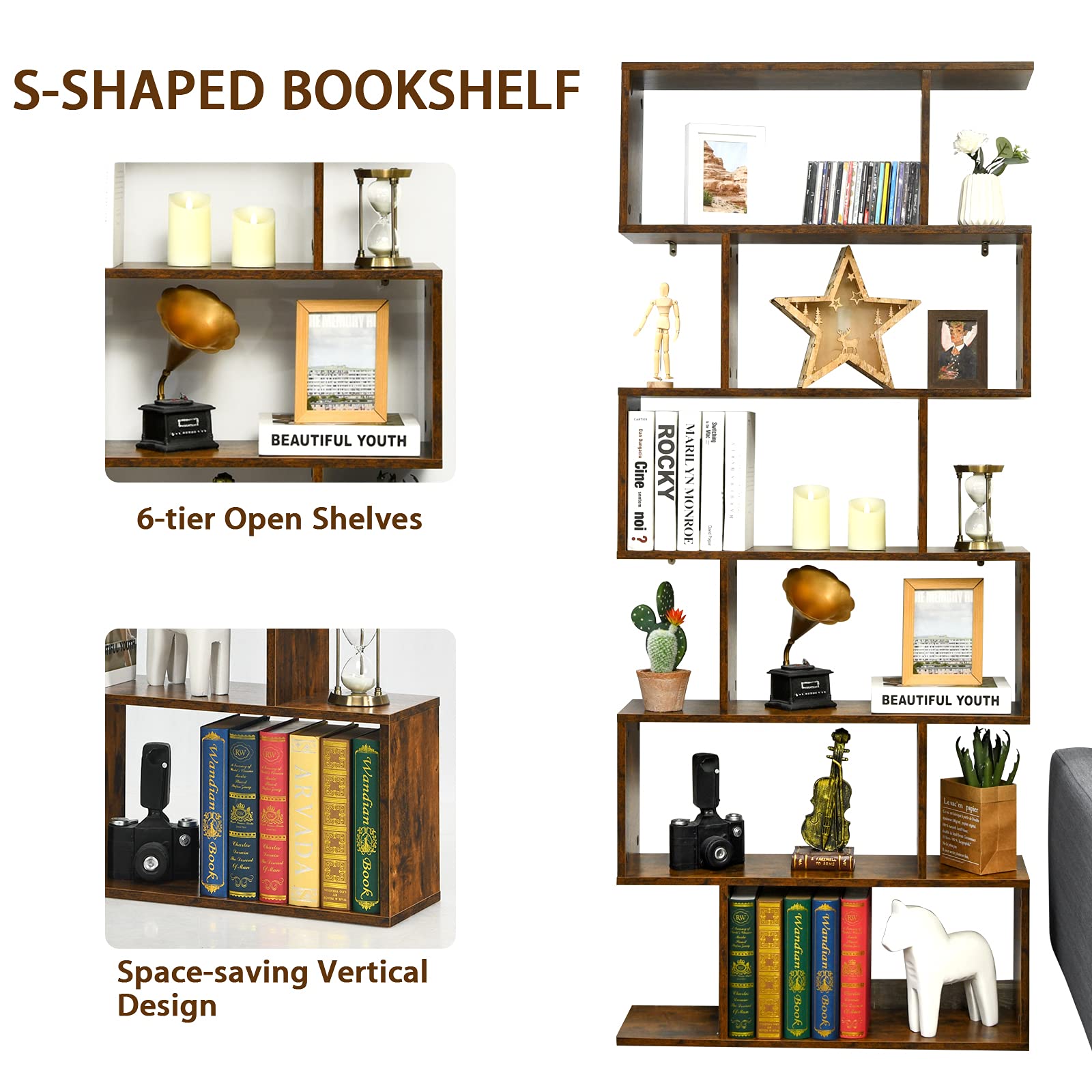 GIANTEX Libreria a Forma di S, Scaffale con 6 ripiani, Libreria in Legno a 6 Livelli, Scaffale per Libri, Libreria Multifunzionale, con Design di Antiribaltamento, 80 x 23 x 191 cm (Marrone)