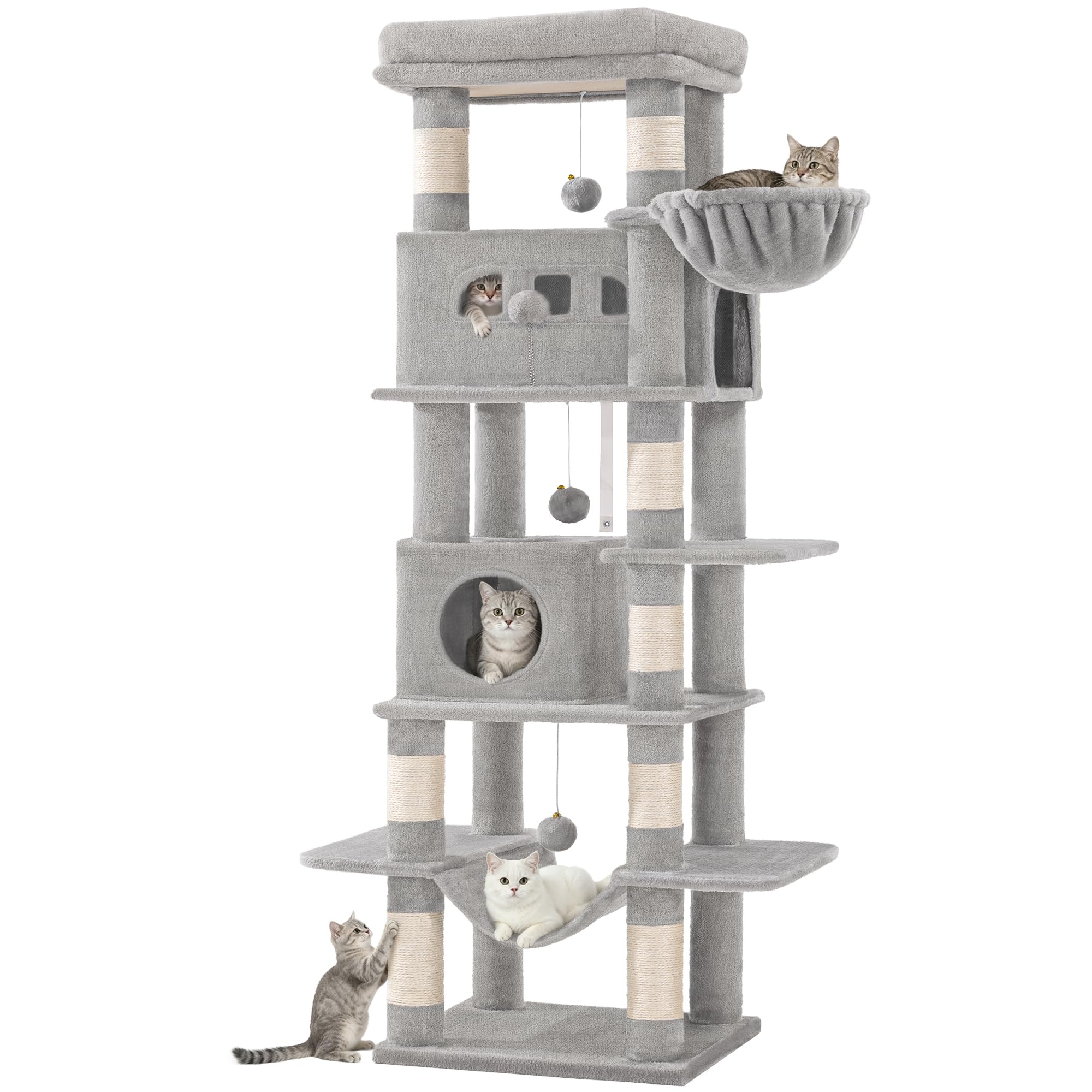 Hzuaneri 170 cm Grand Arbre à Chat, Tour à Chat pour Chats d'intérieur, avec Grand Perchoir, Tapis Lavable, 2 Niches Chats, 8 Griffoirs, Hamac, Pompons, Gris Clair MS17018LG
