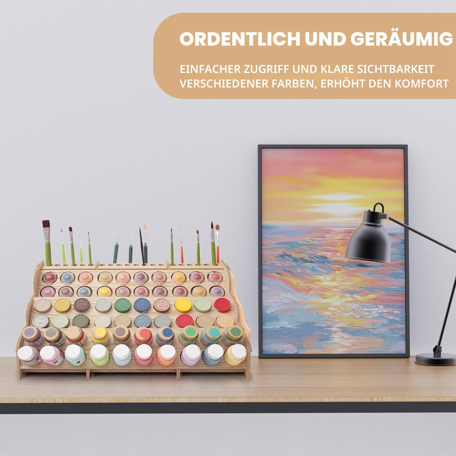Großer Farb-Organizer aus Holz mit 60 Flaschen, 60 Flaschen, Pinselregal für Acryl, Öl, Handwerk, Hobby, Mini-Modellfarbe, Mal-Organizer für Künstler (horizontal)