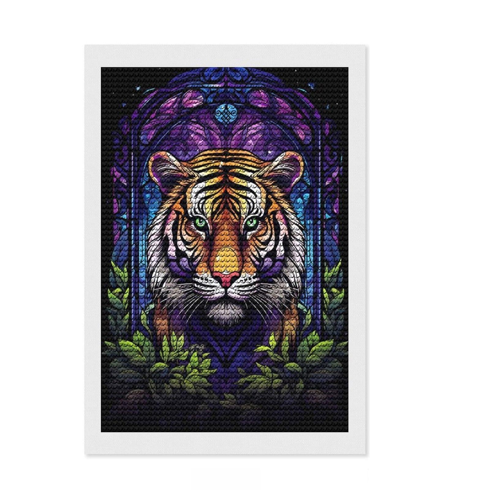 Junmoney Amazing Tiger Absract Flor Round Drill Diamond Painting 8"x12", Mindful Craft Activity, Simple to Start, Bedroom Decor, Holiday Gift Idea