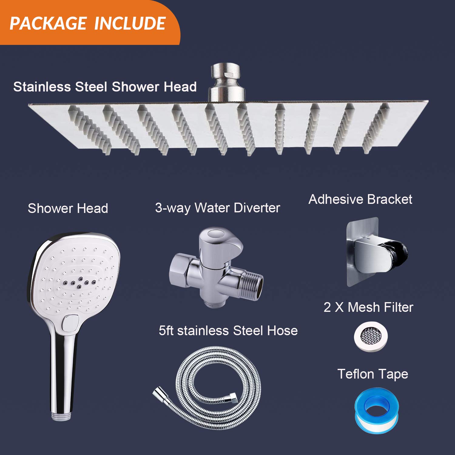 Shower Head with Hose, High Pressure Stainless Steel 8 Inch Rain