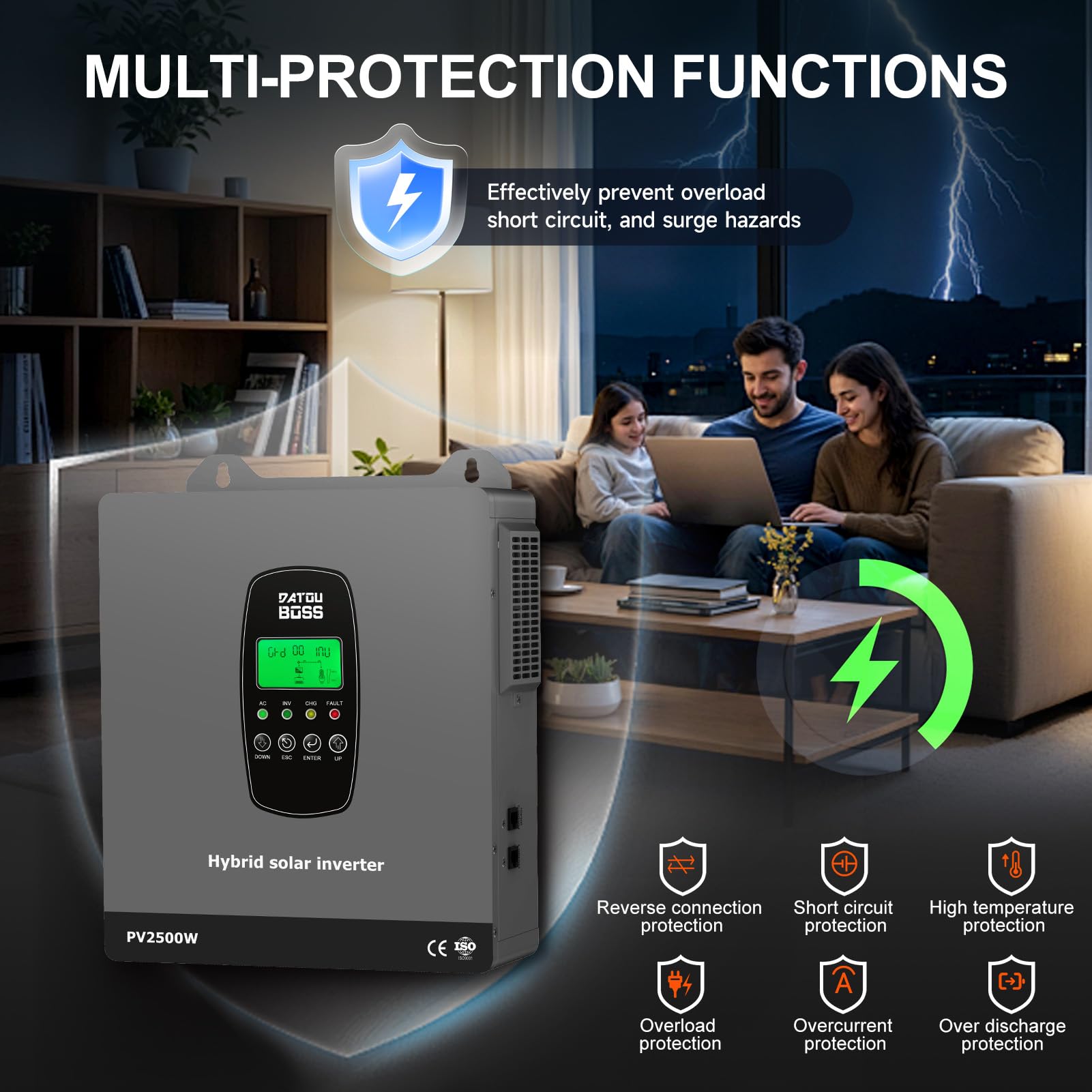DATOUBOSS Inverter Ibrido Solare 1800W 12V Onda Sinusoidale Pura, Inverter 12V a 220V/230V AC con Regolatore di Carica Solare MPPT, Sistema di Protezione BMS, per Batterie al Litio (12V-1800W)