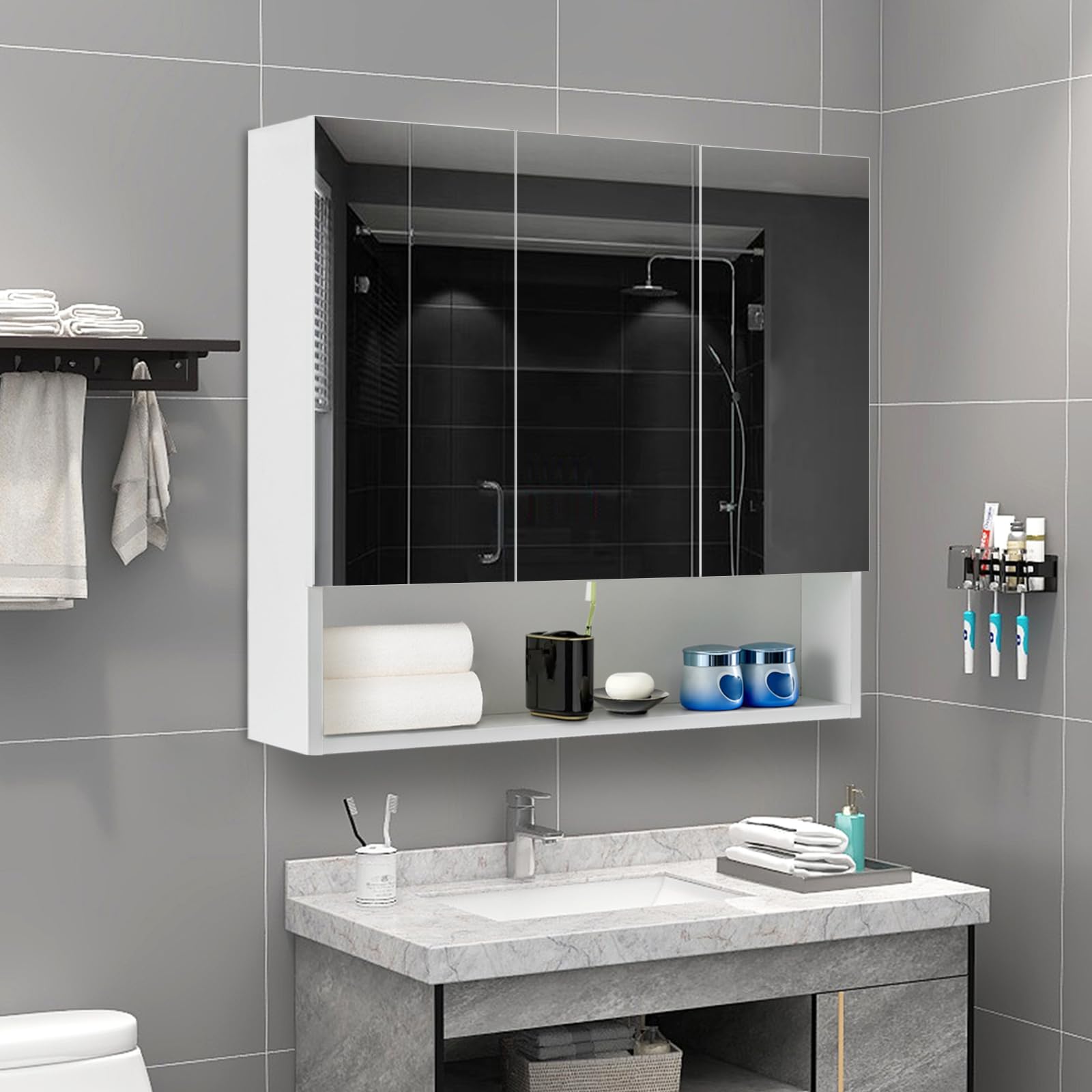 Tukailai - Armadietto per il bagno a giorno con montaggio a parete, bianco, con specchio, portaoggetti, con 3 ante, con ripiani a regolabili, impermeabile
