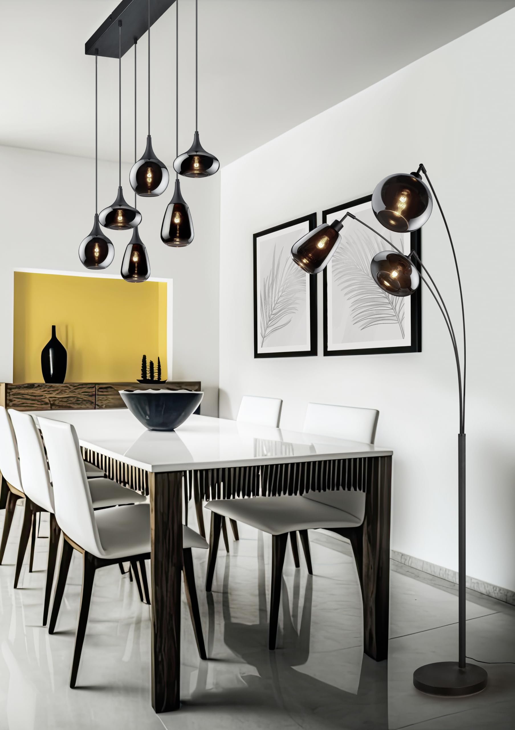 Ludmila Stehlampe, 3-flammige Stehleuchte für Wohnzimmer oder Schlafzimmer, Schirm aus Glas, Fußschalter, Höhe: 200 cm, Breite: 71 cm, Metall schwarz matt, exkl. 3 x E14, Max: 40W