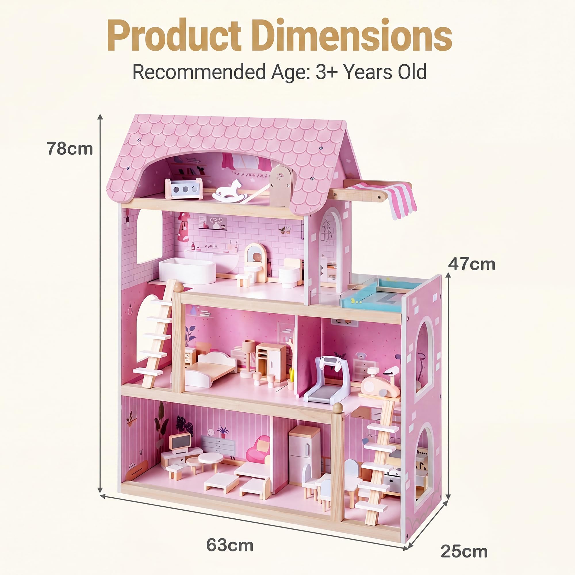 HOMASIS Puppenhaus inkl. komplettem Möbeln & Zubehör, Bunt Puppenstube Holz, Puppenvilla mit 3 Etagen & vielen Zimmern, Dollhouse für Mädchen, Traumvilla für Kinder ab 3 Jahren (Modell 5, Rosa)