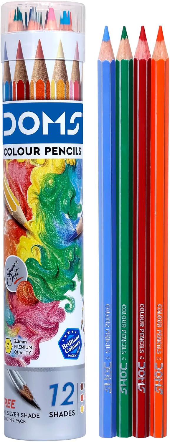 Doms 12 Colour Pencils 3.3mm Premium Quality - 12 Colours (Silver & Gold Shade Free Inside) - Soft Wood Hexagonal Colour Pencils
