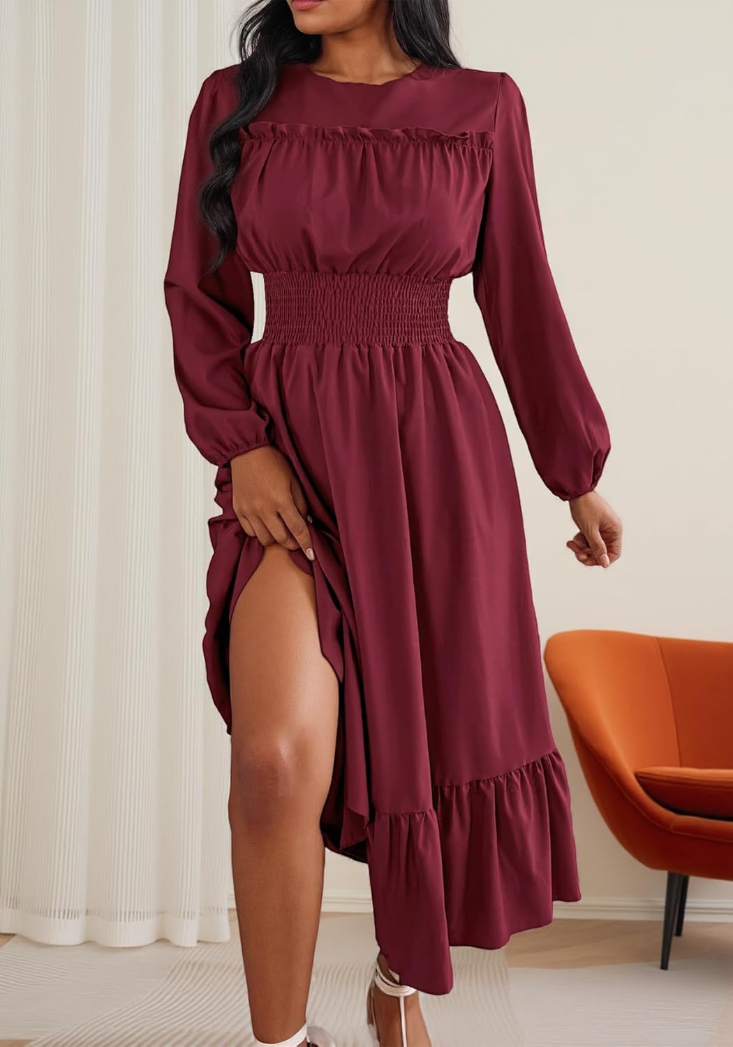 Womens Elegant Long Sleeve Maxi Dress Casual Pleated Tiered A Line Wedding Dresses Flowy Cocktail Party Dress - Image 6