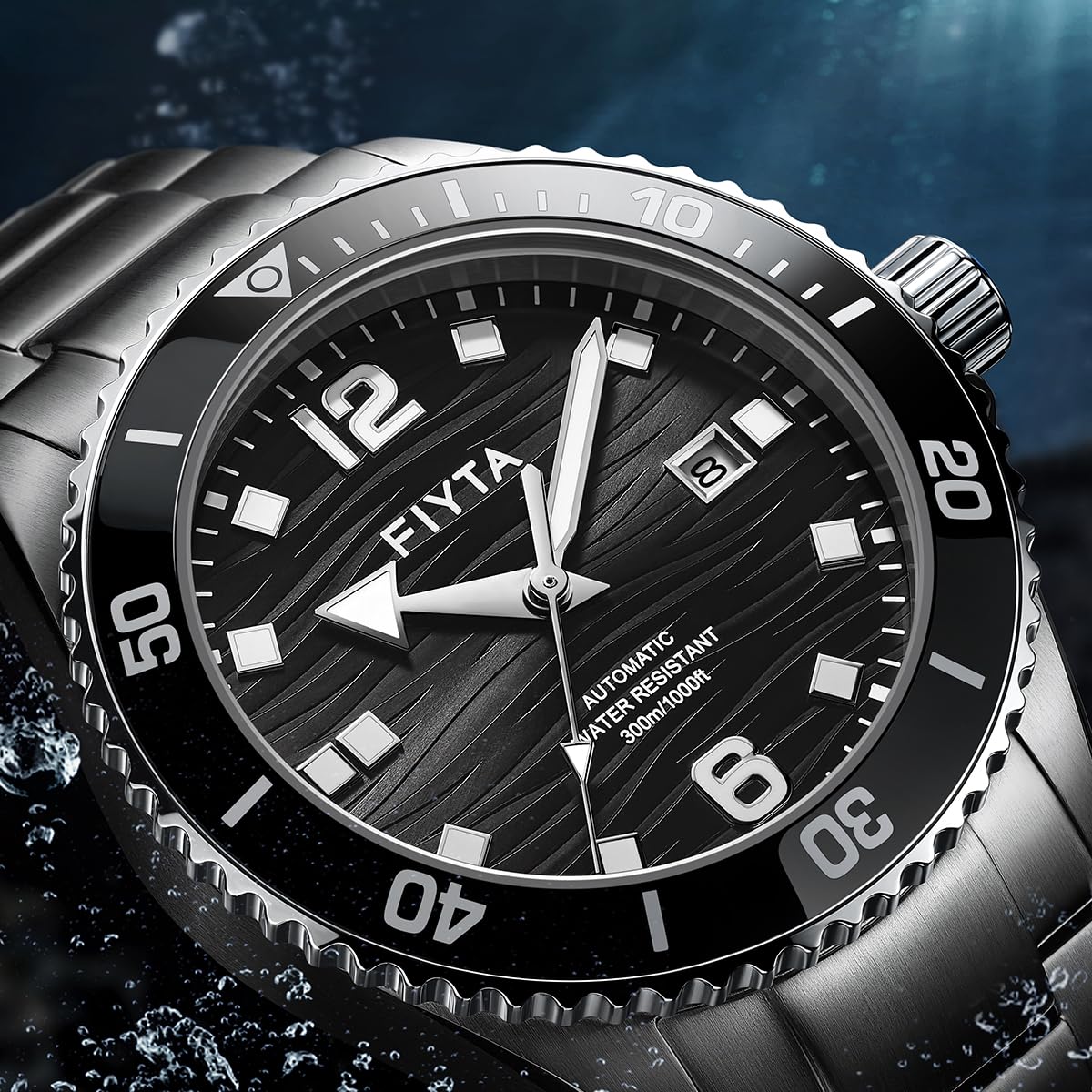 FIYTA Orologio subacqueo da uomo serie Ocean, automatico, indicatori luminosi, lunetta girevole, resistente all'acqua 300 m, 43,4 mm, Quadrante nero/acciaio, Stile subacqueo
