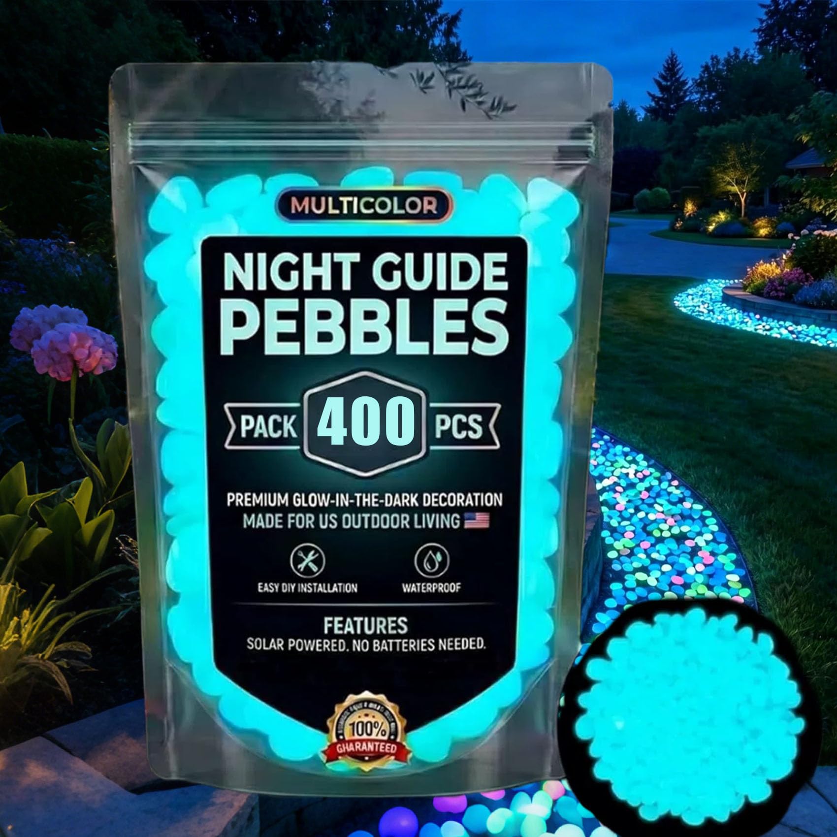 Colorful Glow-in-the-Dark Garden Stones, Luminous Pebbles for Patio, Backyard & Fish Tank Décor, Harmless to Kids and Pets, Eco Friendly Outdoor & Indoor Landscaping Decoration (Blue*400)