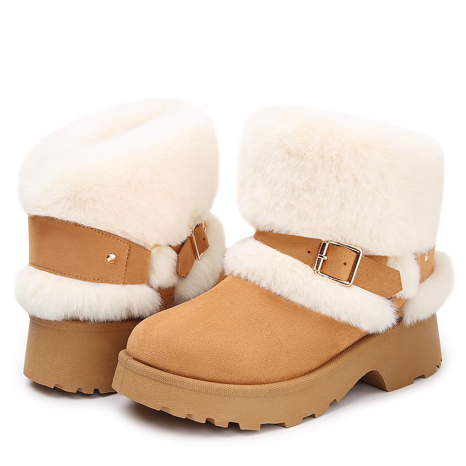 Furry Winter Boots for Women Block Heels Snow Boot Platform Flurry Fuzzy Winter Booties Buckle Slip-On Comfort Outdoor