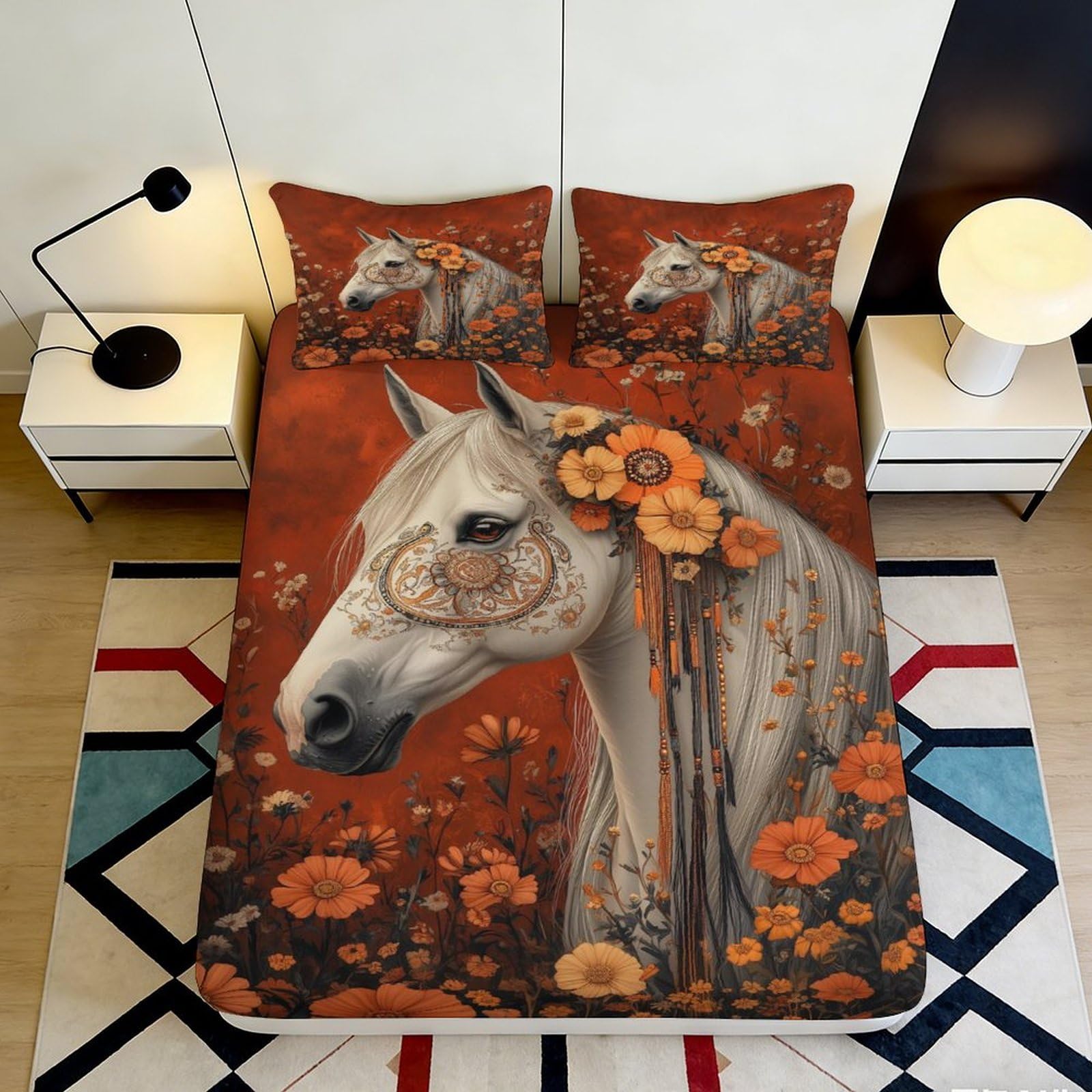 3D Printed Floral White Horse Fitted Sheet Microfiber Orange Artistic Mattress Cover for Bedroom Dorm Decor Protection 160x200x25cm