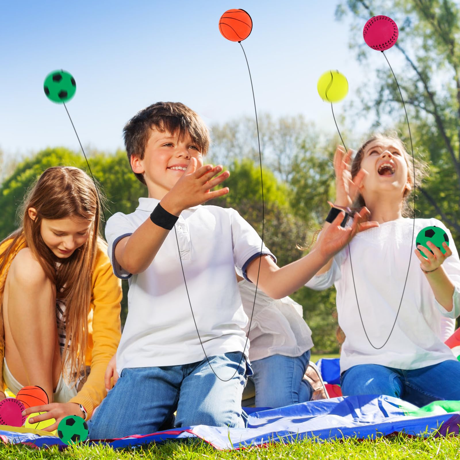 Pifohsm 8 stuks rubberen bal met koord, bal met elastiek, polsbal met koord, terugkeerbal voor kinderen, springbal met koord voor kinderen, volwassenen, voetbal, basketbal, softbal, baseball