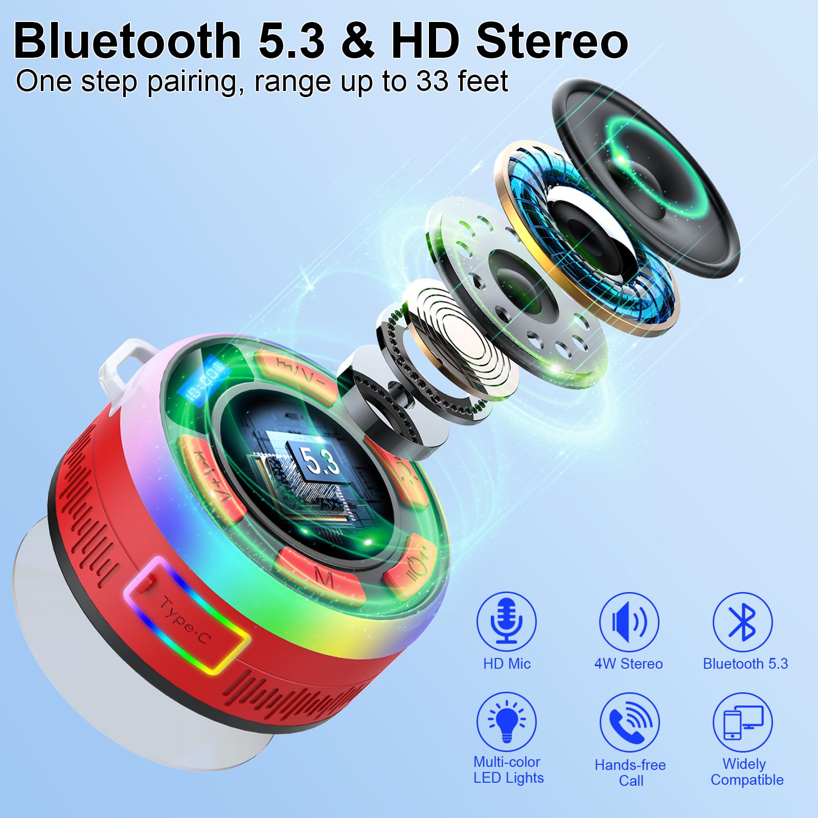 Cassa Bluetooth Portatile Potente IP7 Impermeabile Altoparlante Bluetooth con Ventosa, 360°Associazione Stereo Cassa Bluetooth Doccia con Luce LED Colorate, 8H Bassi Potenti per Viaggi Doccia Esterno
