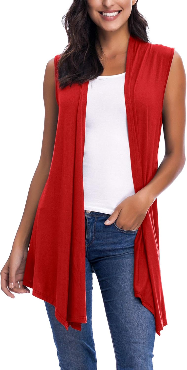Womens Sleeveless Open Front Draped Asymmetric Hem Cardigan Vest Red Small