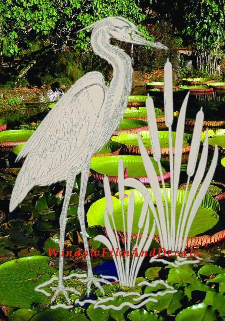 Egret & Cattails Left Oval Etched Window Decal Vinyl Glass Cling - 15" x 23" - Clear with White Design Elements