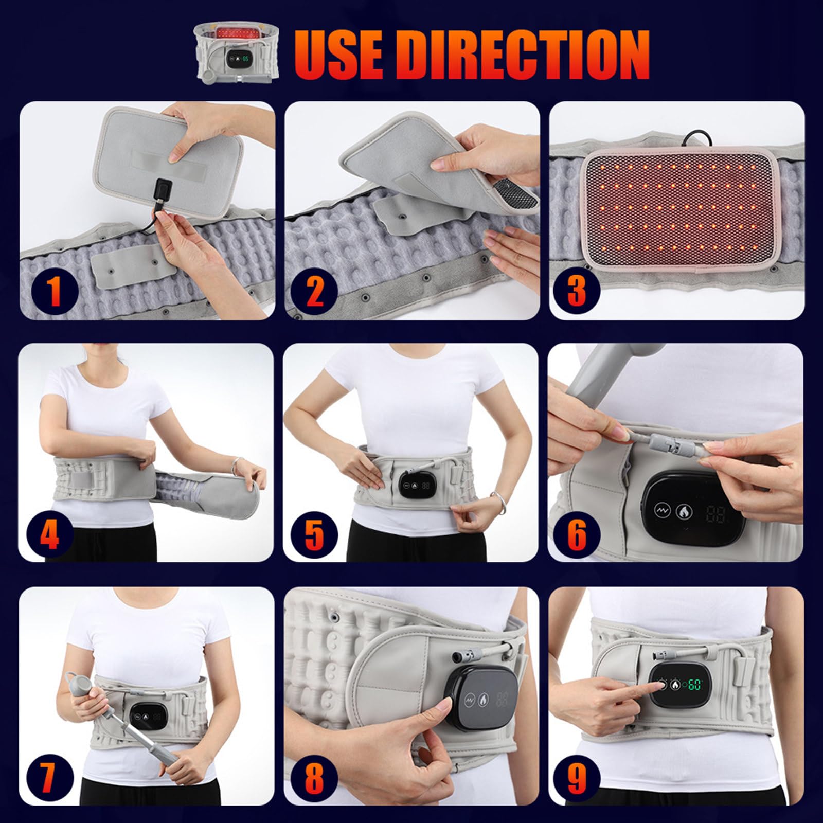 Cinturón calefactor, almohadilla térmica de cintura USB, 3 configuraciones de calentamiento para artritis lumbar, distensión, esguince, alivio del dolor de espalda baja