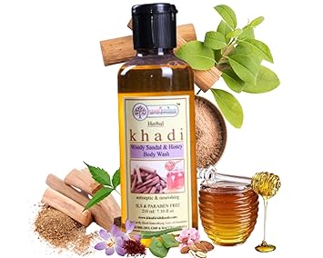 Khadi Rishikesh Herbal Sandalwood & Honey Body Wash , your skins youthful look as it helps to tighten the pores , beautiful skin, removing Tan ,Glowing, Acne-Free Skin, & dullness ,men & women(210ml)
