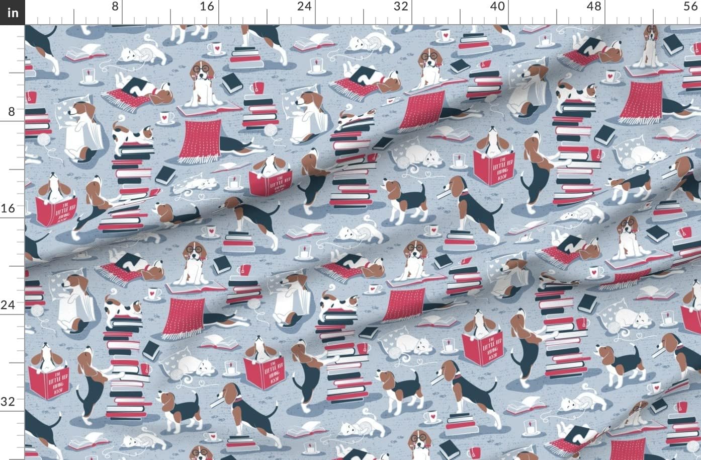 Spoonflower Fabric - Scale Life Books Hot Drink Friend Blue Background Brown White Beagles Printed on Organic Cotton Sateen Fabric by The Yard - Sewing Quilting Apparel Home Decor