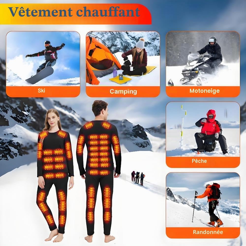 Ensemble de sous-vêtements Thermiques Chauffants pour Homme et Femme Chargement USB 42 Zones Intelligent, pour l'hiver et Le Froid & S/4XL