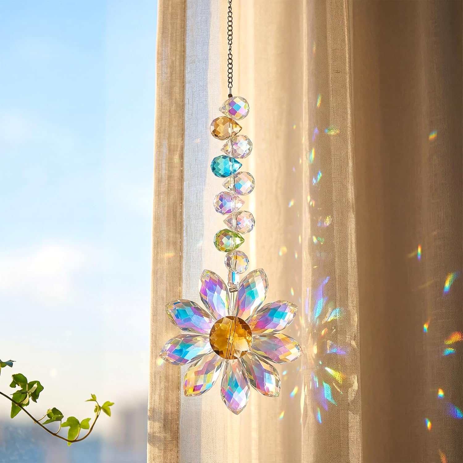 Crystal Flower Suncatcher Hanging Ornament, Colorful Crystal Sunflower Sun Catcher Prisms for Windows, Indoor Outdoor Balcony Patio Garden Decor - Image 3