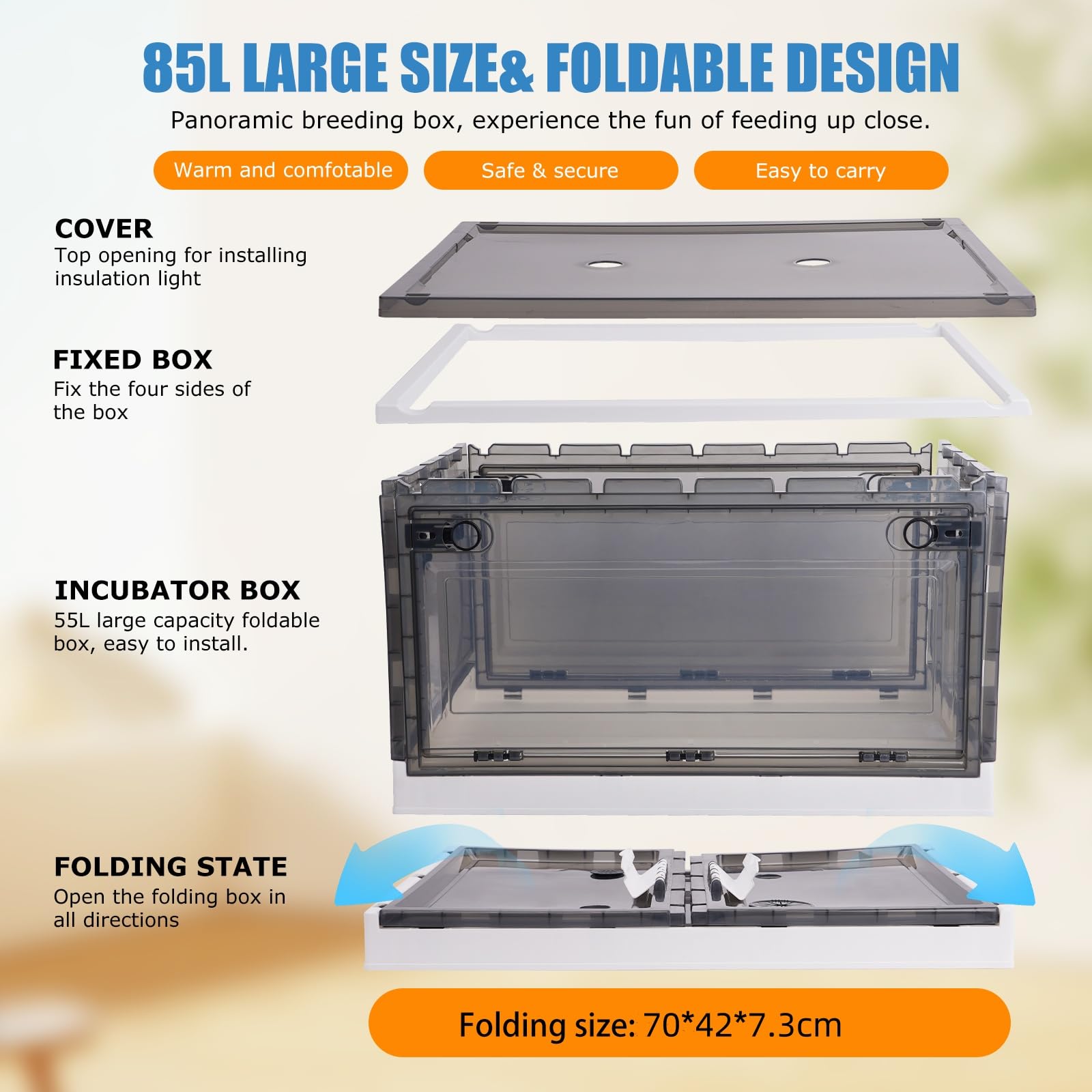 85 Incubadora para Cachorros y Gatitos Plegable Caja Incubadora para Perros con Calefacción Termómetro Visual Nebulizador para Mascotas Aves PáJaros Reptiles (85 L)