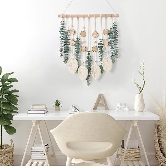 Artificial Eucalyptus Wall Hanging Decor Fake Plant Greenery Leaves Boho Wall Decor with Wooden Stick for Bedroom Bathroom Kitchen Rustic Farmhouse Home Living Room Decoration | ASTNIC Boho Handmade Woven Greenery Leaves Tapestry with Wooden Stick for Kitchen Bedroom Bathroom Living Room Wall Decor
