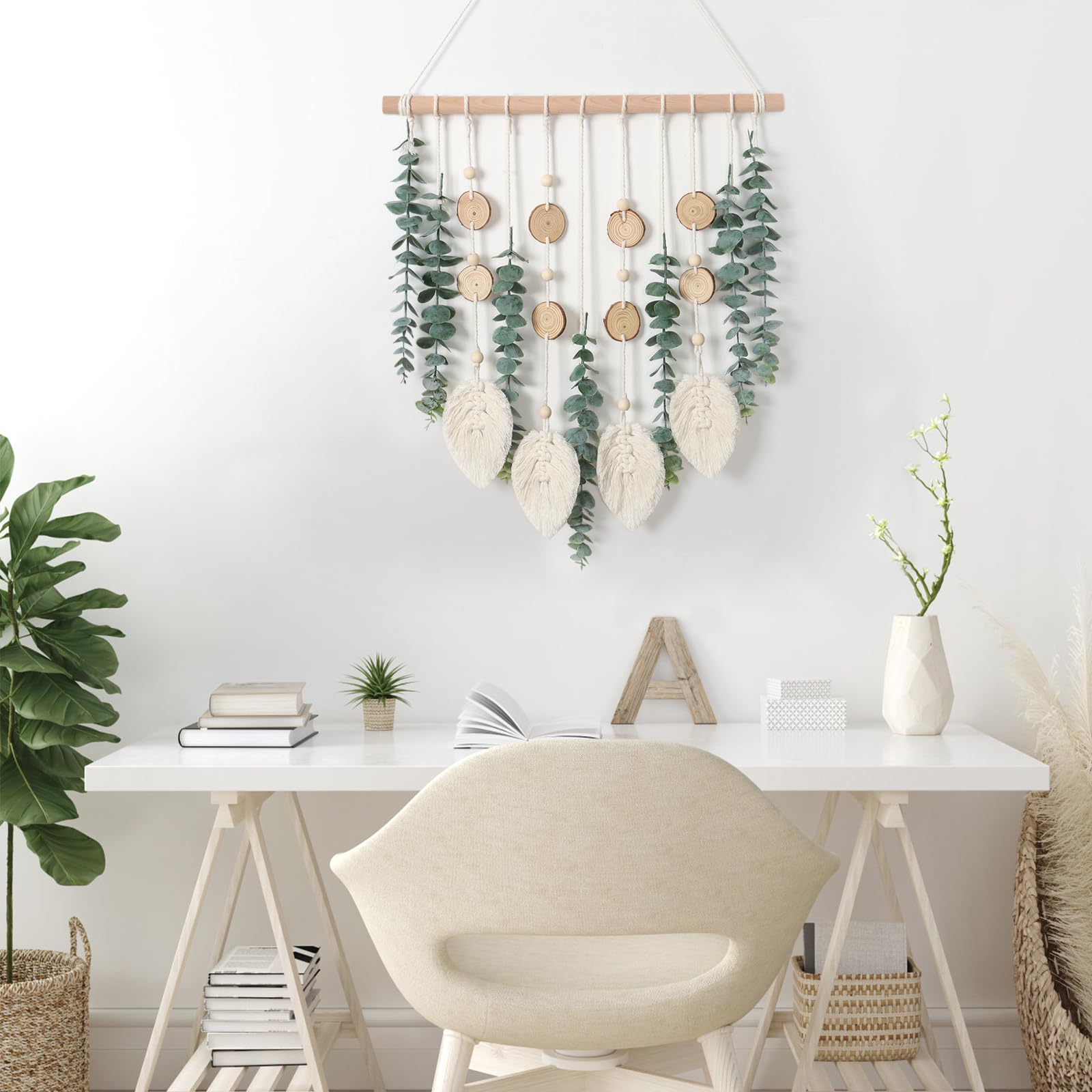 Eucalipto artificial para colgar en la pared, decoración de vegetación sintética con tallos de eucalipto falsos, plantas de palo de madera, hojas de macramé, bohemio, bohemio, bohemio, arte de 6