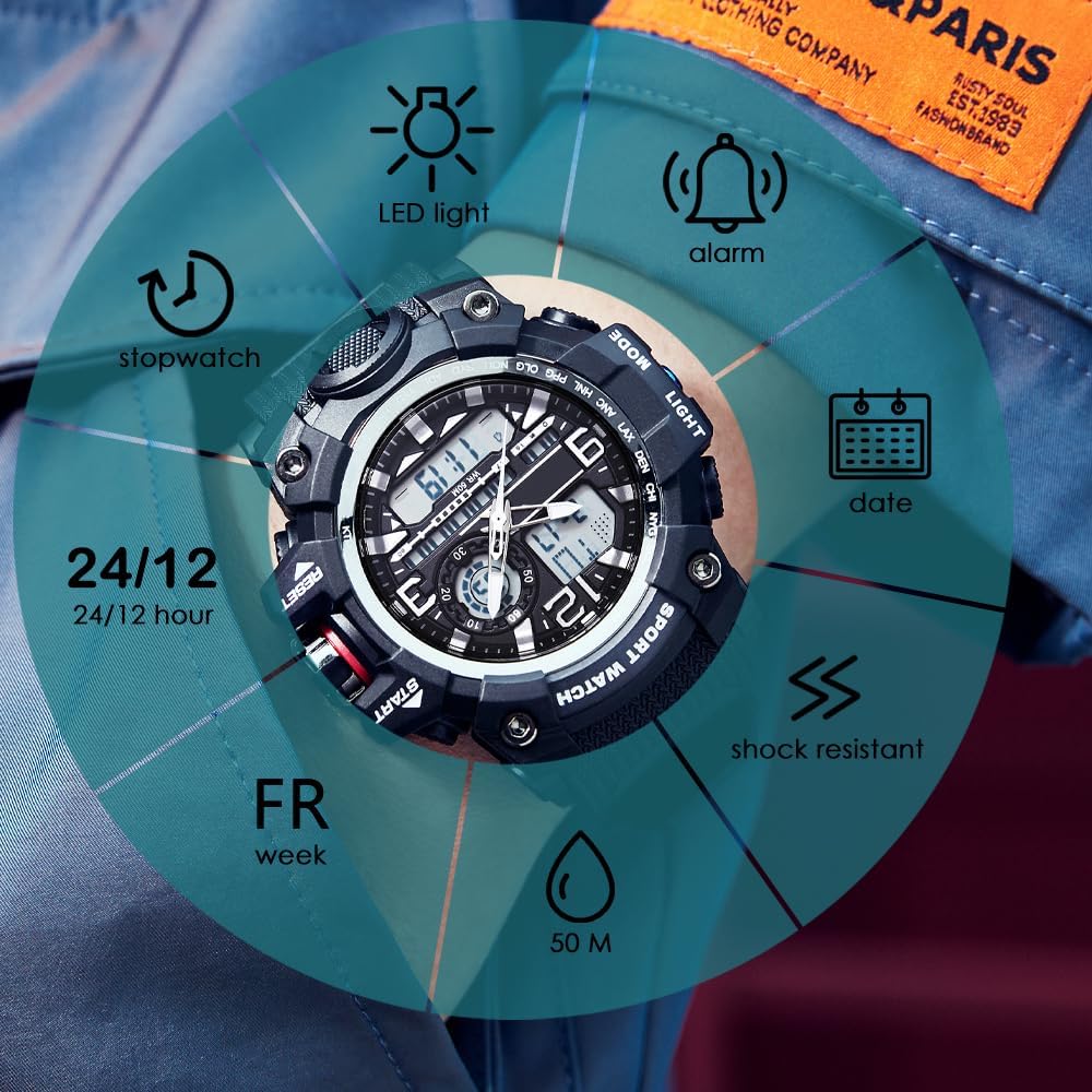 findtime Orologio sportivo da uomo, tattico, militare, impermeabile, orologio digitale da uomo, robusto, con retroilluminazione a LED, sveglia, cronometro