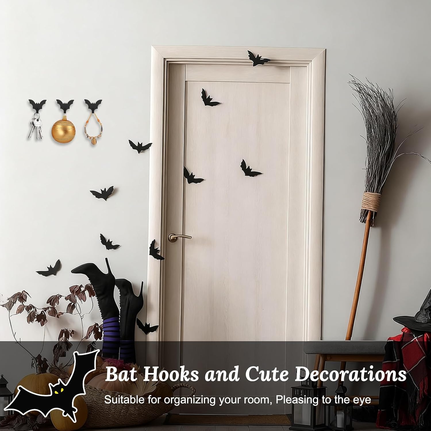 MOROBOR Bat Coat Rack Wall Mount, 8pcs Self Adhesive Towel Hooks Heavy Duty Iron Waterproof Hangers Halloween Gothic Home Decor Hooks No Drill Stick on Hooks/Black image 4