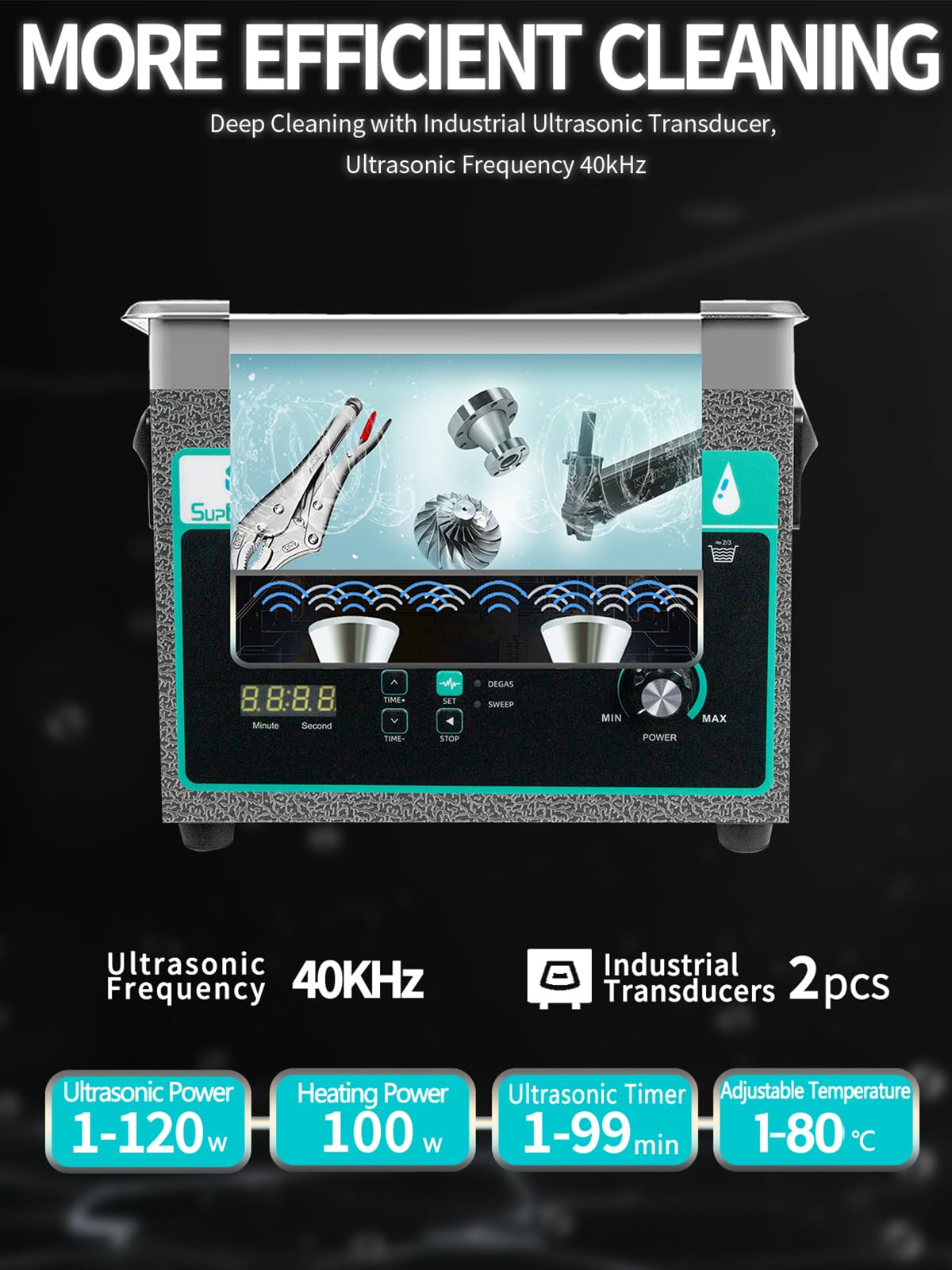 Limpiador ultrasónico de 3 litros con potencia ajustable y barrido, limpiador ultrasónico de 120 W, temporizador digital y calefacción, limpiador de piezas muy fuerte para