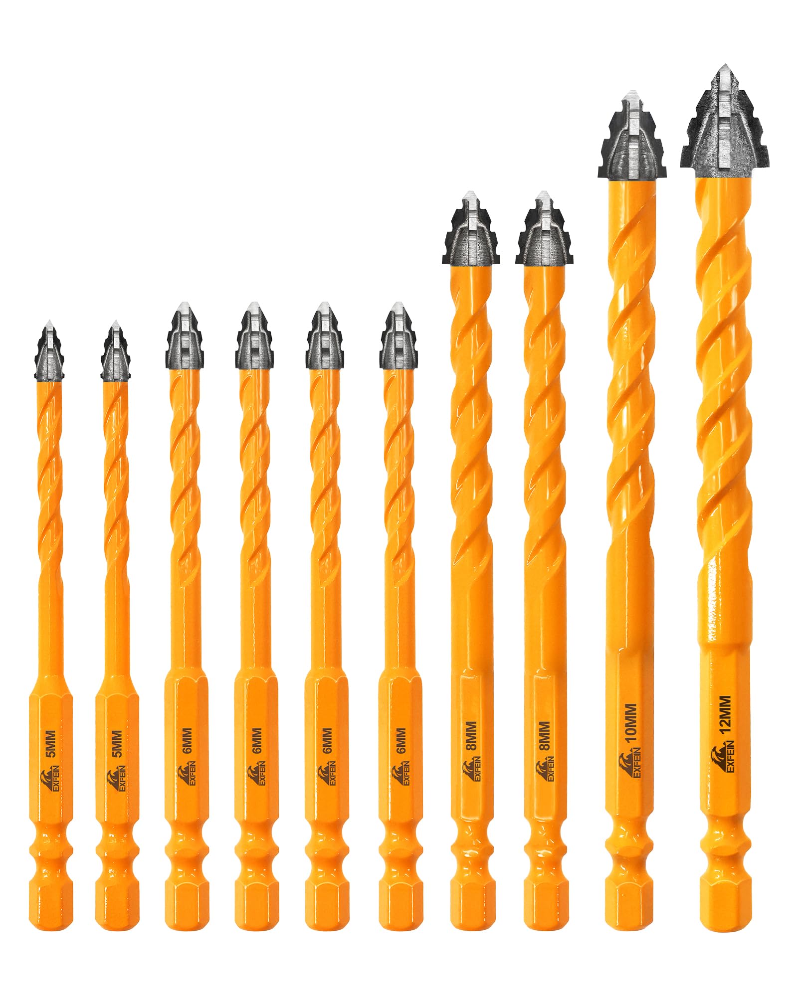 EXFEIN 10pcs Serrated Tungsten Carbide Drill Bits 5mmx2+6mmx4+8mmx2+10mm+12mm - Upgrated Masonry Drill Bits for Tile Concrete Brick Marble Wood Plastic